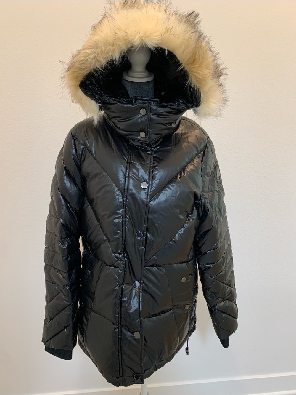 Pajar Black Shiny Puffer Coat with Faux Fur Trim Hood